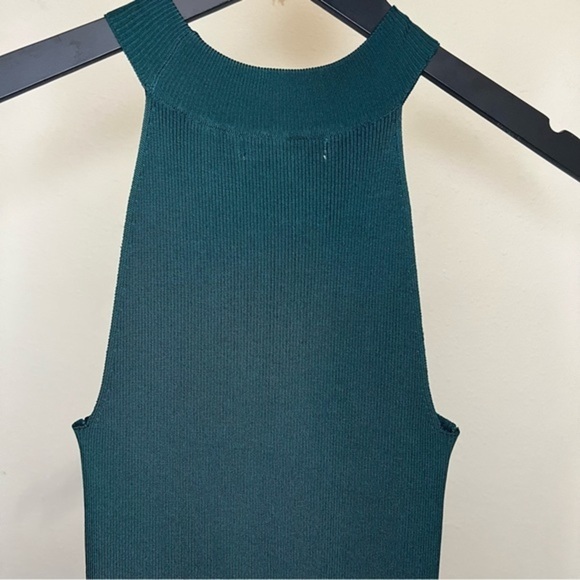 H&M Dark Green Fitted Dress High Neck Midi Party Cocktail Ribbed - Picture 4 of 8